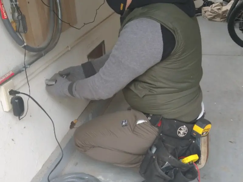 Electrician performing outlet wiring in a Poolesville garage